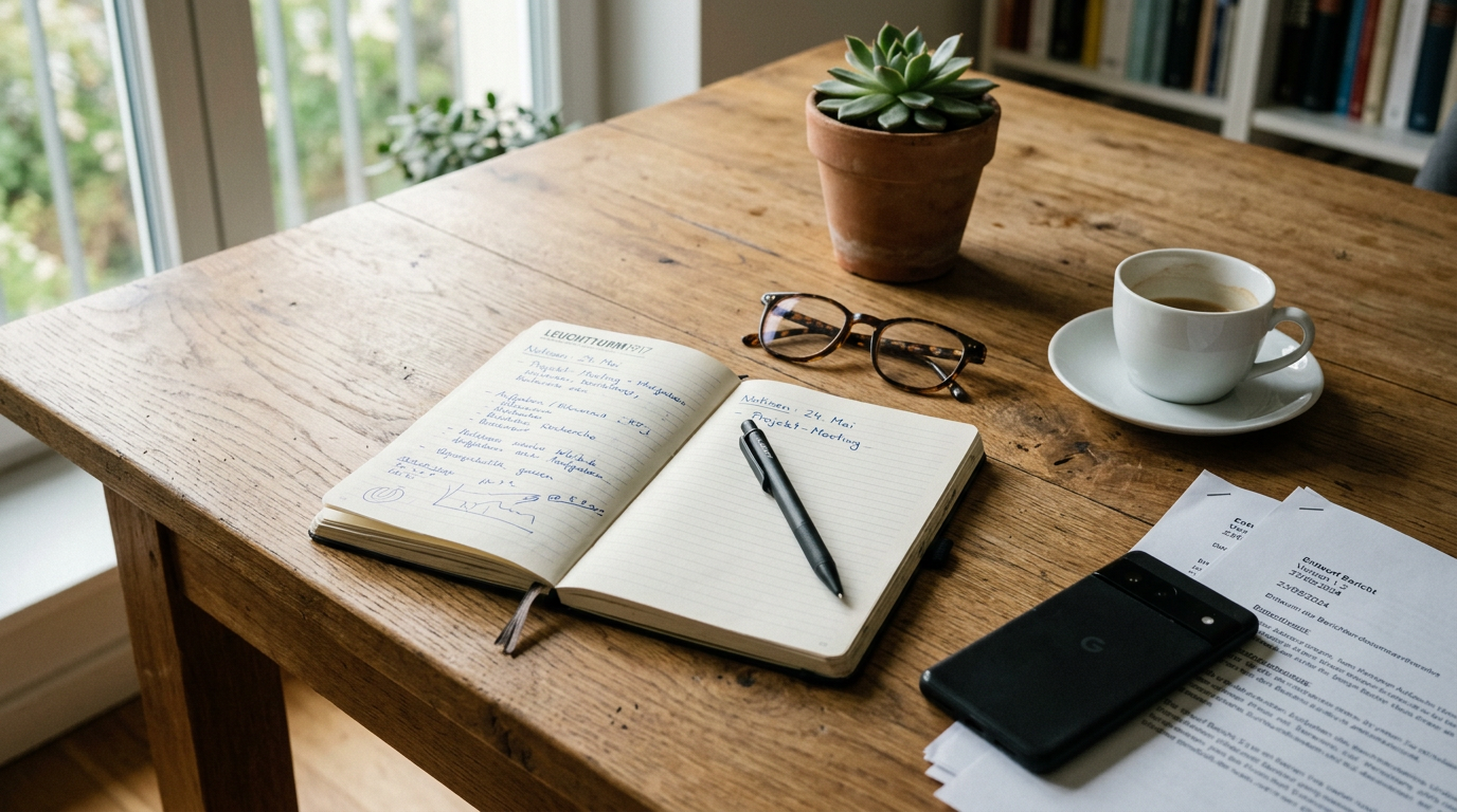 Schreibtisch mit Notizbuch, Kaffee, Brille und Unterlagen am Fenster